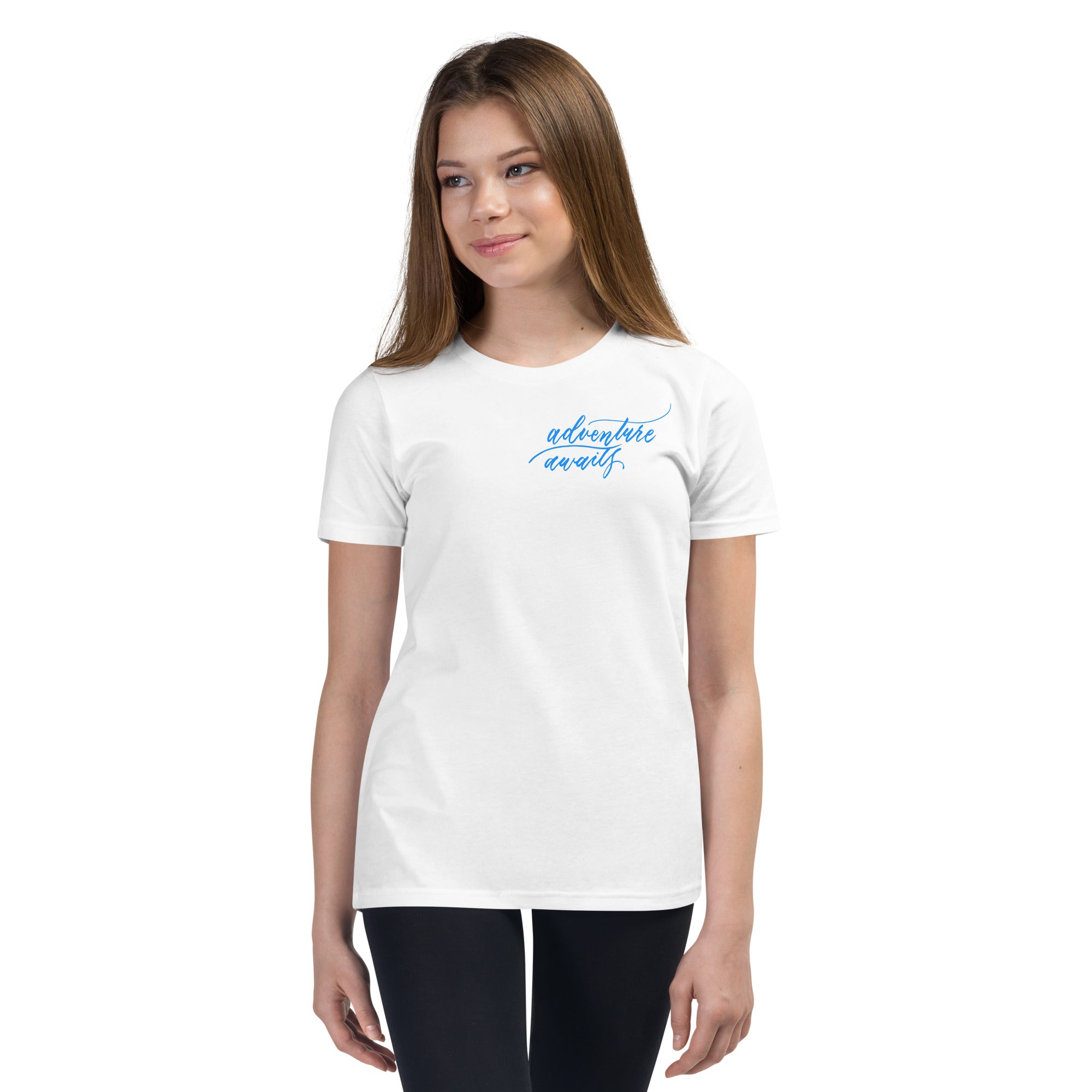 YOUTH SIZES - Script "Adventure Awaits" Bright Blue Calligraphy Printed Kids Short Sleeve T-Shirt