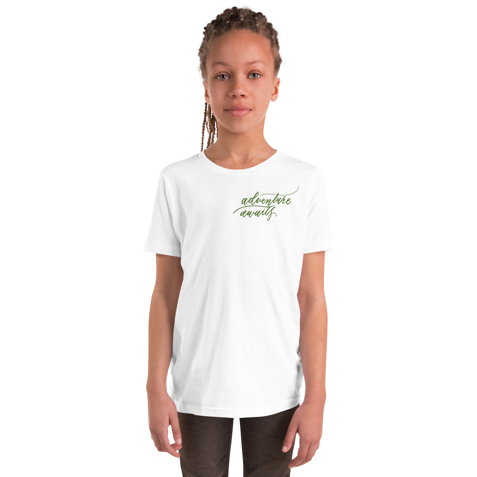 YOUTH SIZES - Script "Adventure Awaits" Green Calligraphy Printed Kids Short Sleeve T-Shirt
