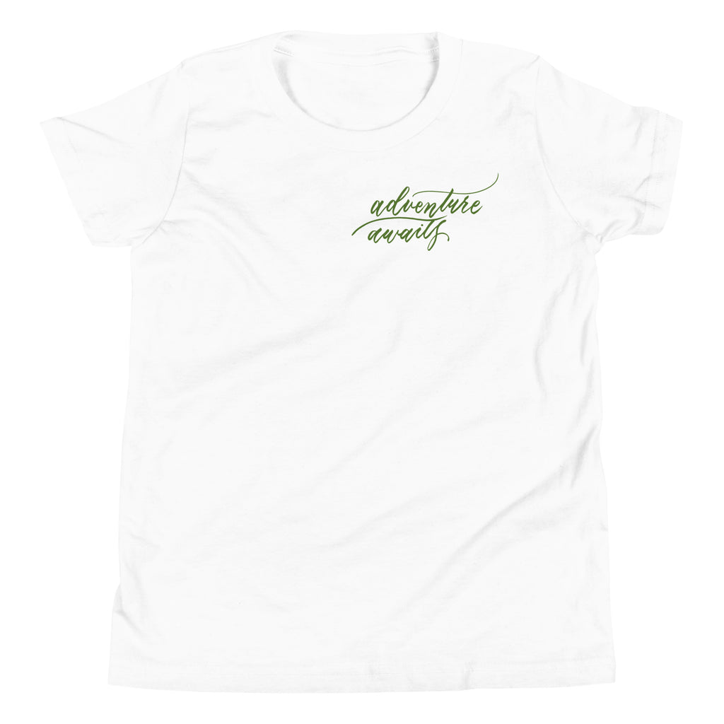 YOUTH SIZES - Script "Adventure Awaits" Green Calligraphy Printed Kids Short Sleeve T-Shirt