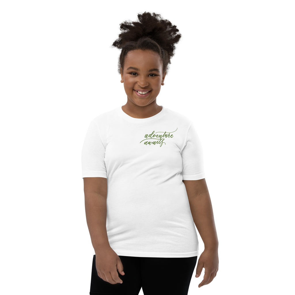 YOUTH SIZES - Script "Adventure Awaits" Green Calligraphy Printed Kids Short Sleeve T-Shirt