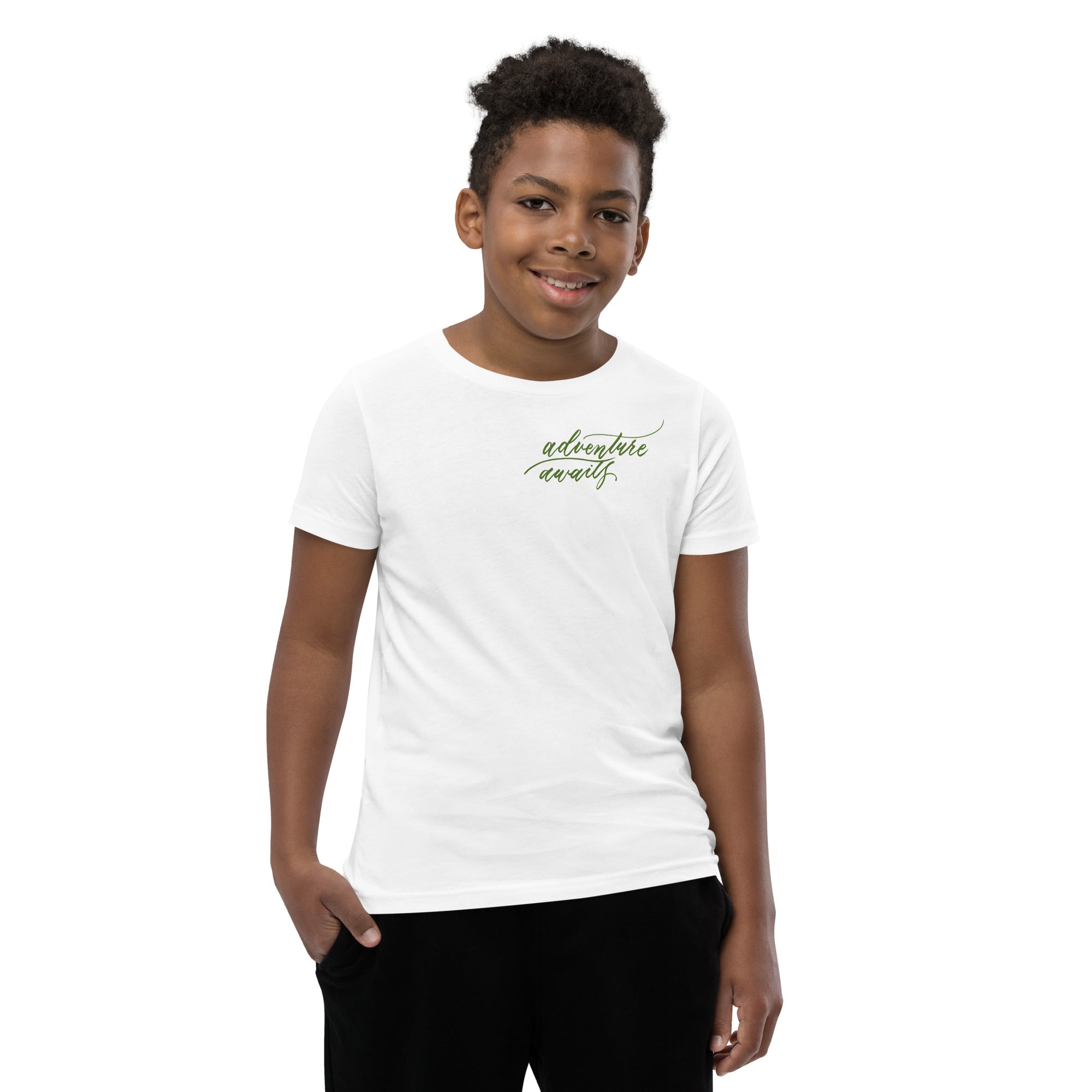 YOUTH SIZES - Script "Adventure Awaits" Green Calligraphy Printed Kids Short Sleeve T-Shirt