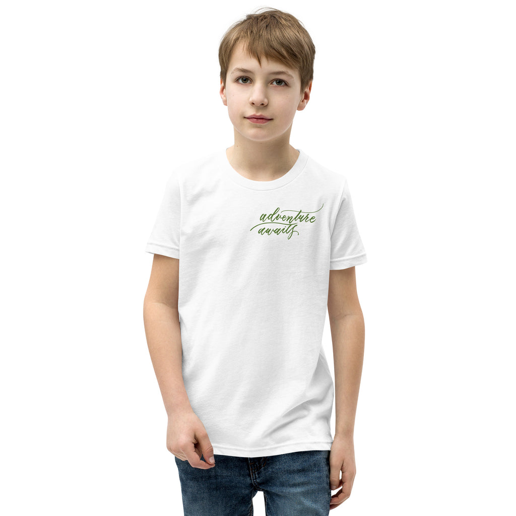 YOUTH SIZES - Script "Adventure Awaits" Green Calligraphy Printed Kids Short Sleeve T-Shirt