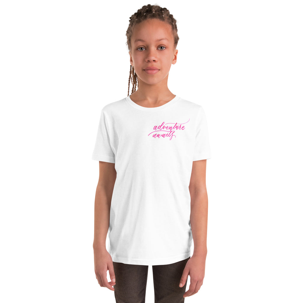 YOUTH SIZES - Script "Adventure Awaits" Pink Calligraphy Printed Kids Short Sleeve T-Shirt