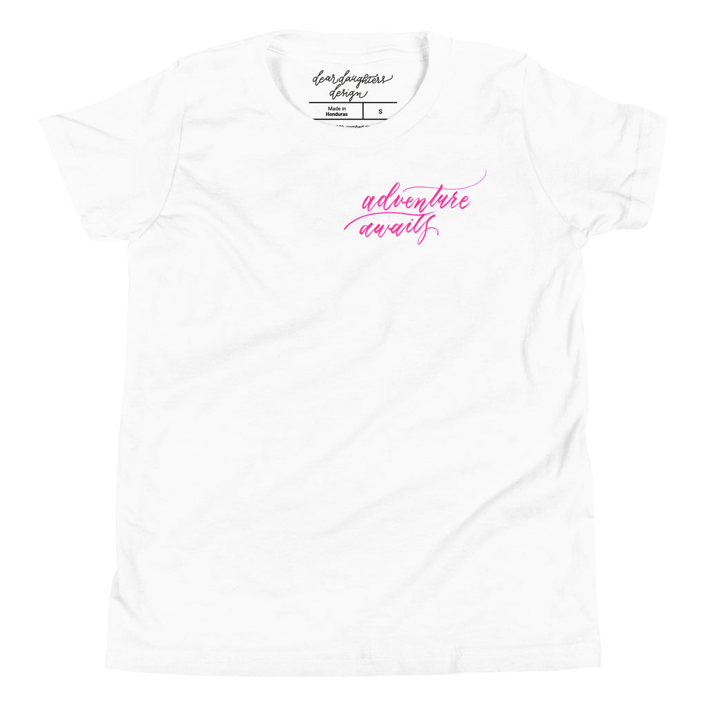 YOUTH SIZES - Script "Adventure Awaits" Pink Calligraphy Printed Kids Short Sleeve T-Shirt
