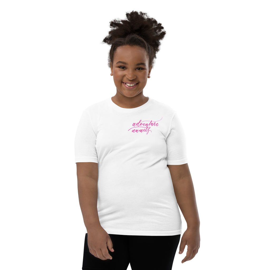 YOUTH SIZES - Script "Adventure Awaits" Pink Calligraphy Printed Kids Short Sleeve T-Shirt
