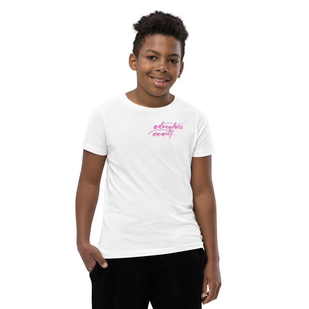 YOUTH SIZES - Script "Adventure Awaits" Pink Calligraphy Printed Kids Short Sleeve T-Shirt