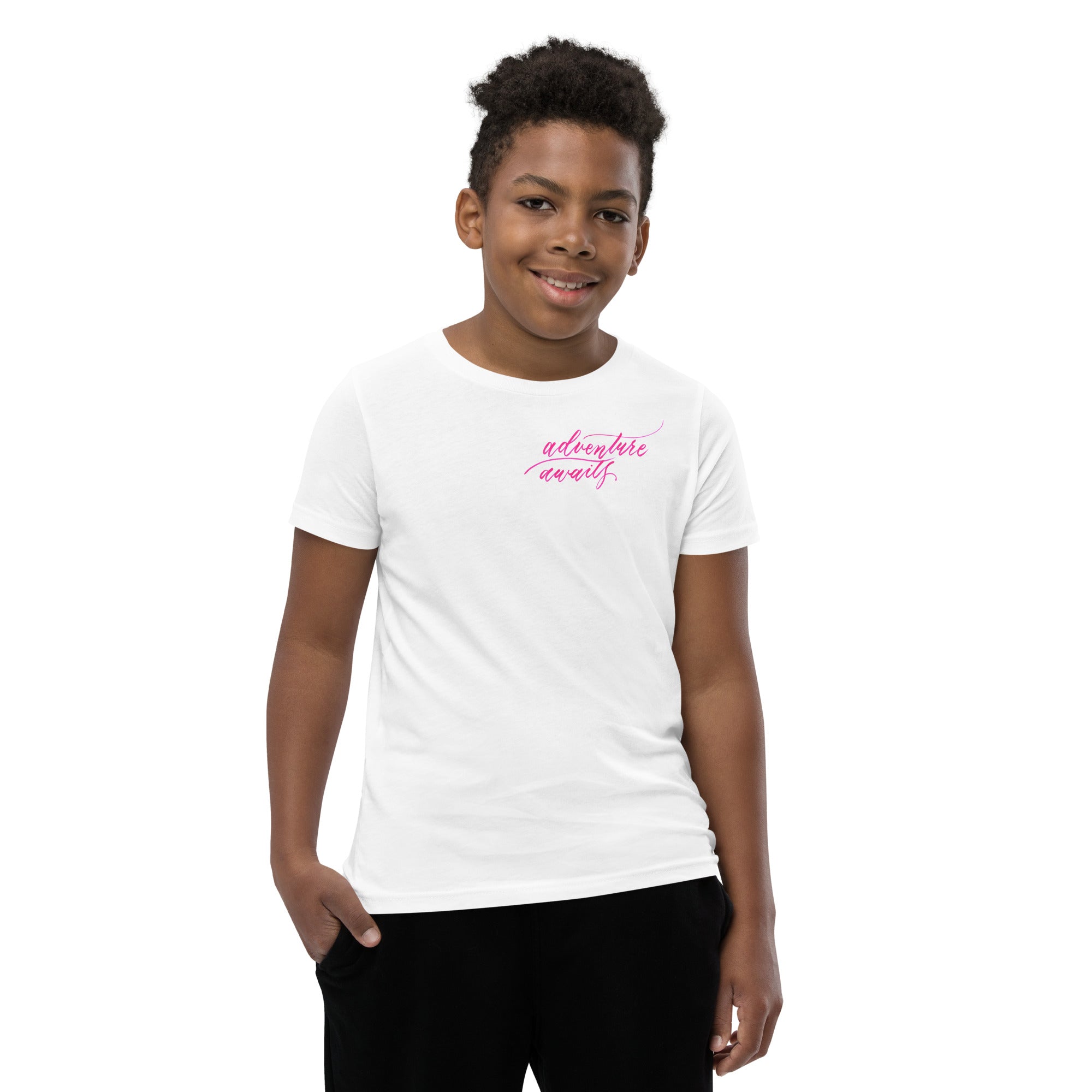 YOUTH SIZES - Script "Adventure Awaits" Pink Calligraphy Printed Kids Short Sleeve T-Shirt