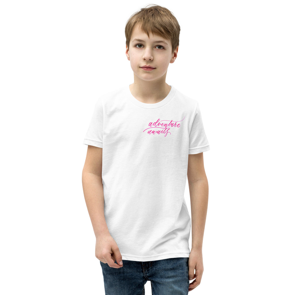 YOUTH SIZES - Script "Adventure Awaits" Pink Calligraphy Printed Kids Short Sleeve T-Shirt