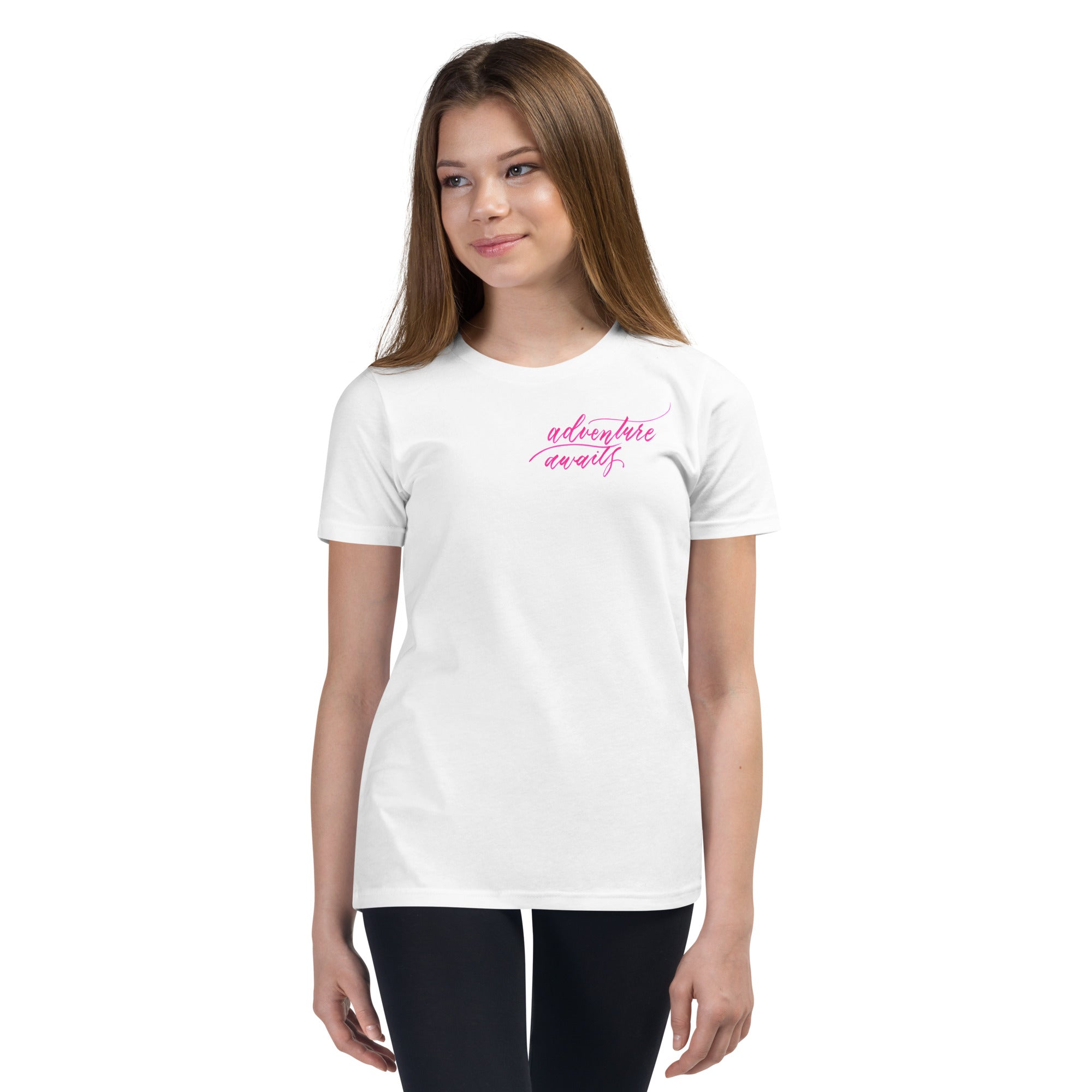 YOUTH SIZES - Script "Adventure Awaits" Pink Calligraphy Printed Kids Short Sleeve T-Shirt