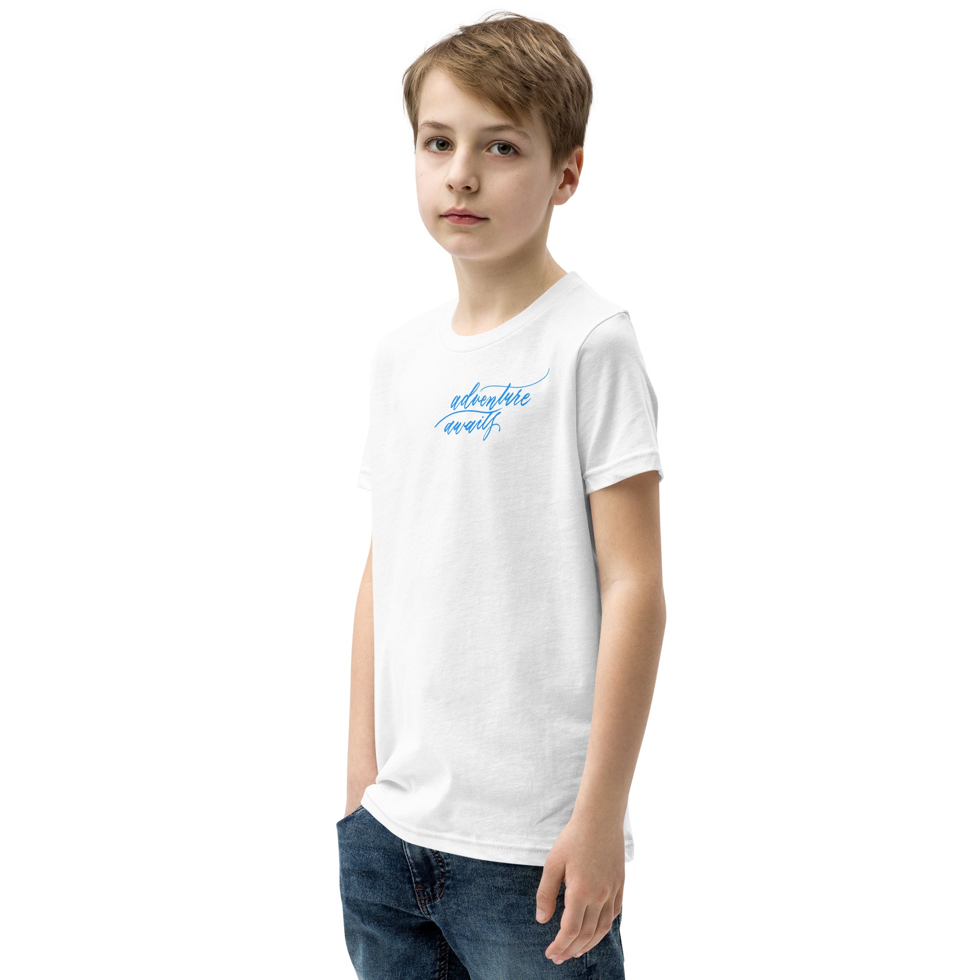 YOUTH SIZES - Script "Adventure Awaits" Bright Blue Calligraphy Printed Kids Short Sleeve T-Shirt