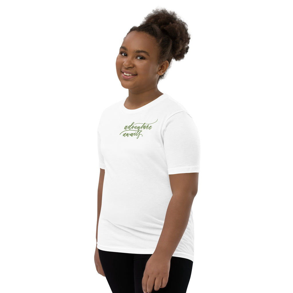 YOUTH SIZES - Script "Adventure Awaits" Green Calligraphy Printed Kids Short Sleeve T-Shirt