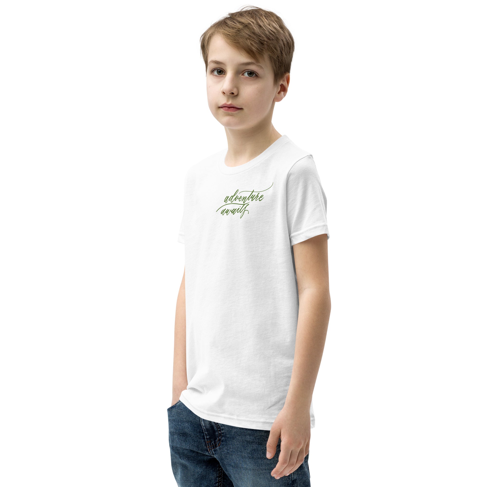 YOUTH SIZES - Script "Adventure Awaits" Green Calligraphy Printed Kids Short Sleeve T-Shirt