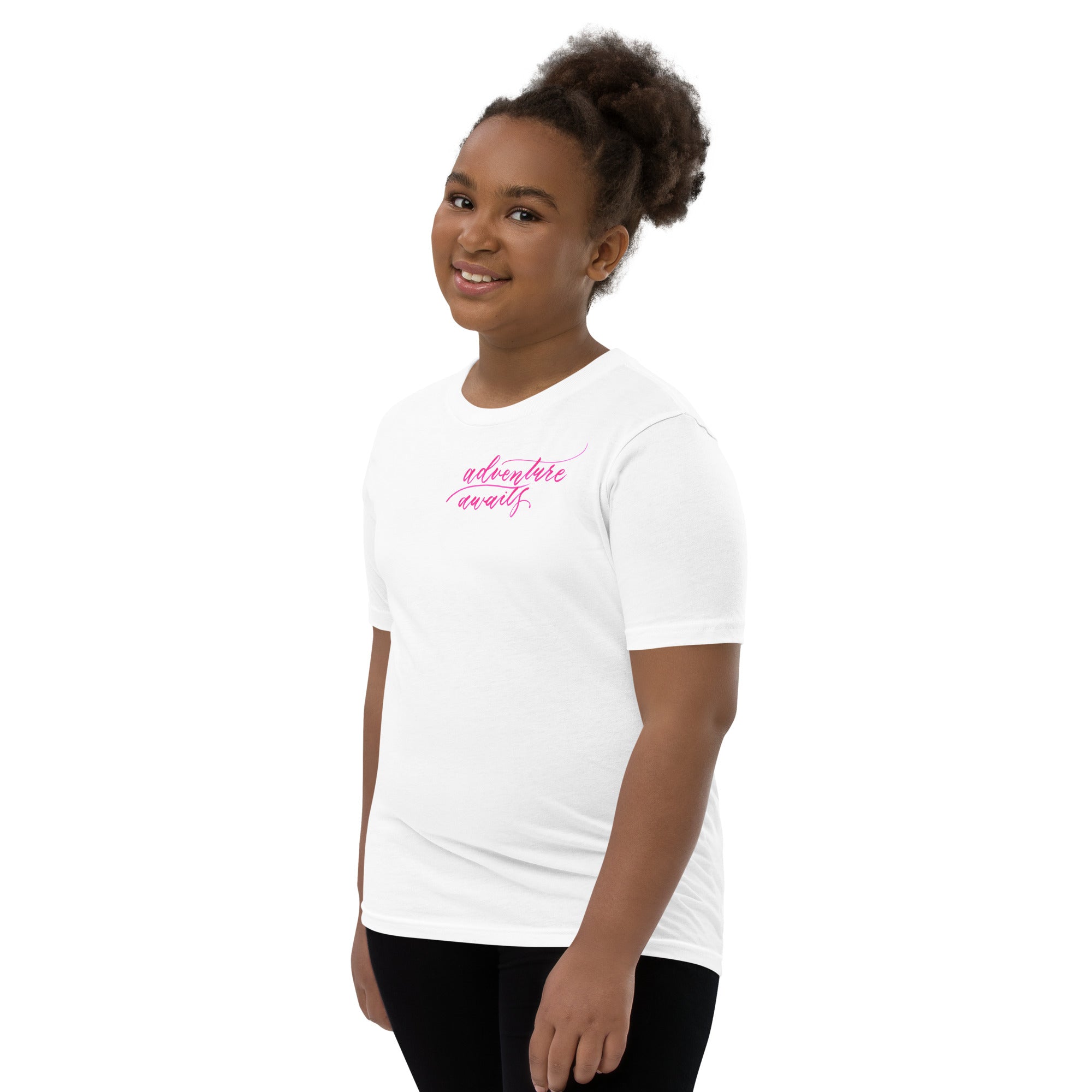 YOUTH SIZES - Script "Adventure Awaits" Pink Calligraphy Printed Kids Short Sleeve T-Shirt