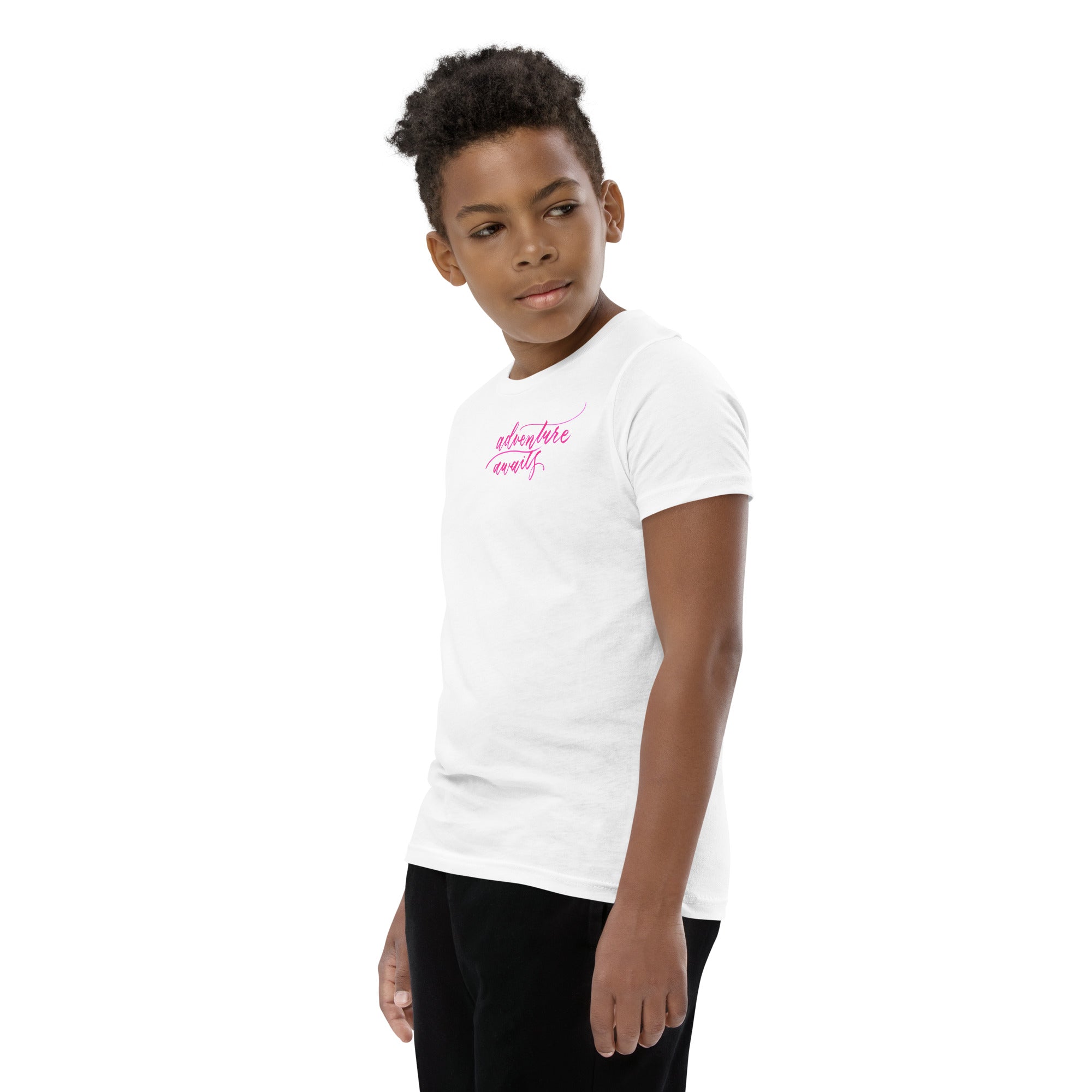 YOUTH SIZES - Script "Adventure Awaits" Pink Calligraphy Printed Kids Short Sleeve T-Shirt
