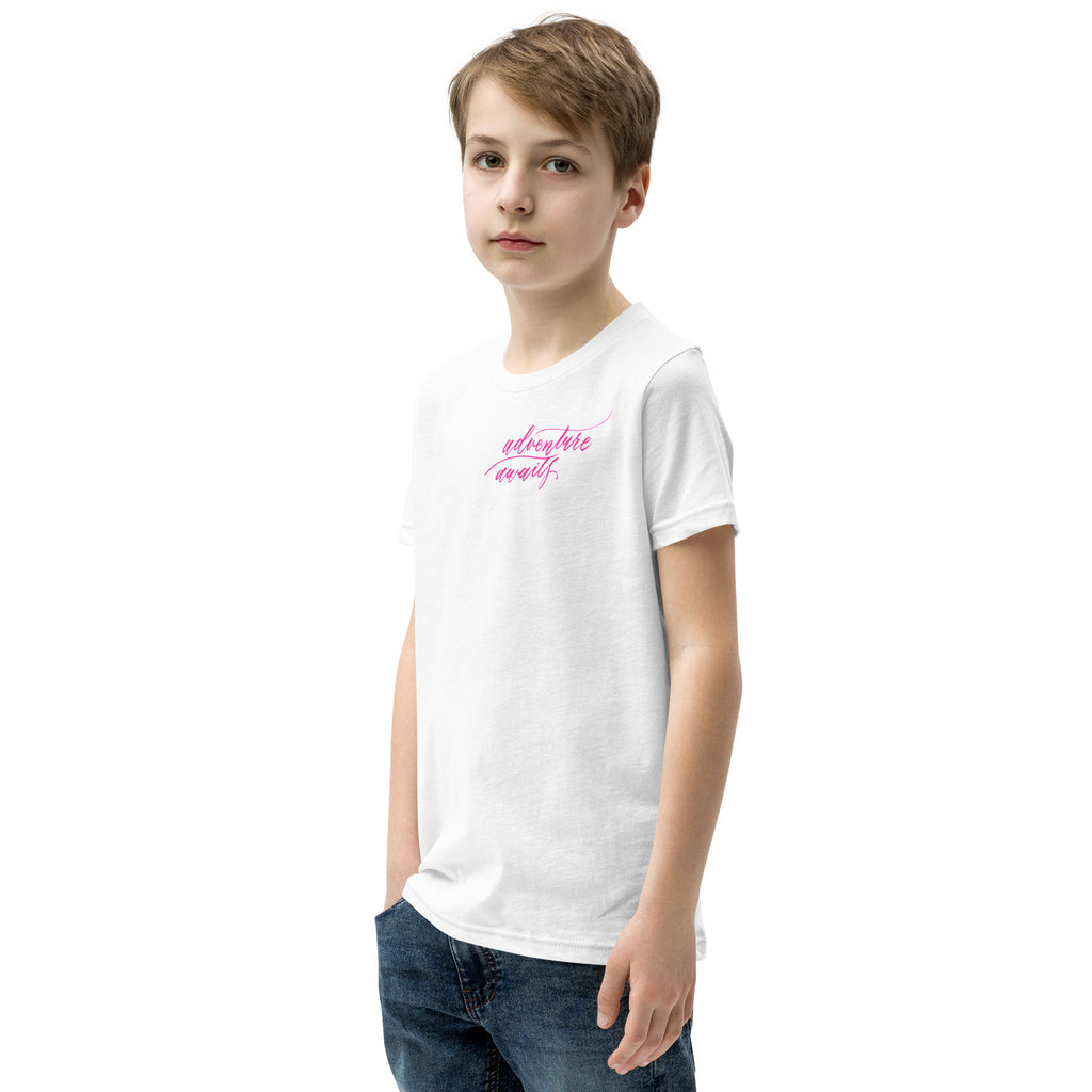 YOUTH SIZES - Script "Adventure Awaits" Pink Calligraphy Printed Kids Short Sleeve T-Shirt