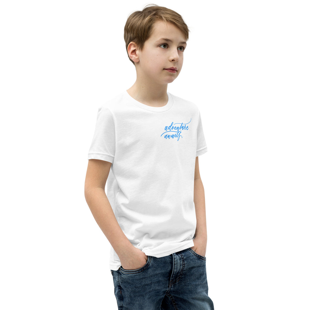 YOUTH SIZES - Script "Adventure Awaits" Bright Blue Calligraphy Printed Kids Short Sleeve T-Shirt