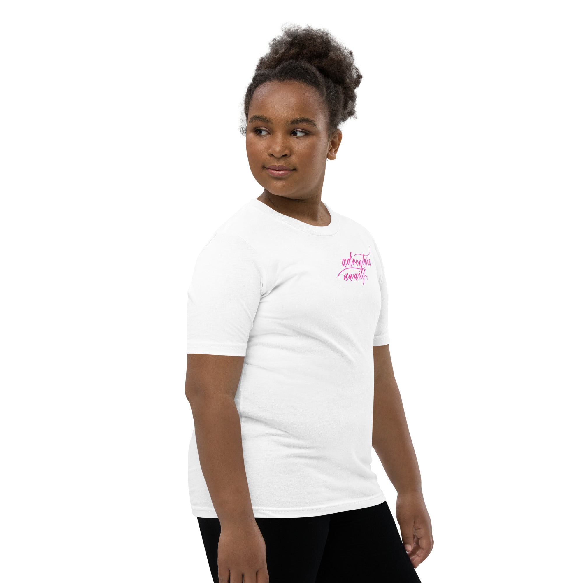 YOUTH SIZES - Script "Adventure Awaits" Pink Calligraphy Printed Kids Short Sleeve T-Shirt