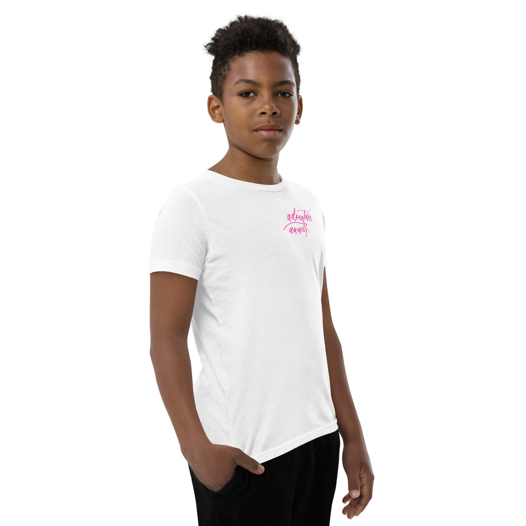 YOUTH SIZES - Script "Adventure Awaits" Pink Calligraphy Printed Kids Short Sleeve T-Shirt