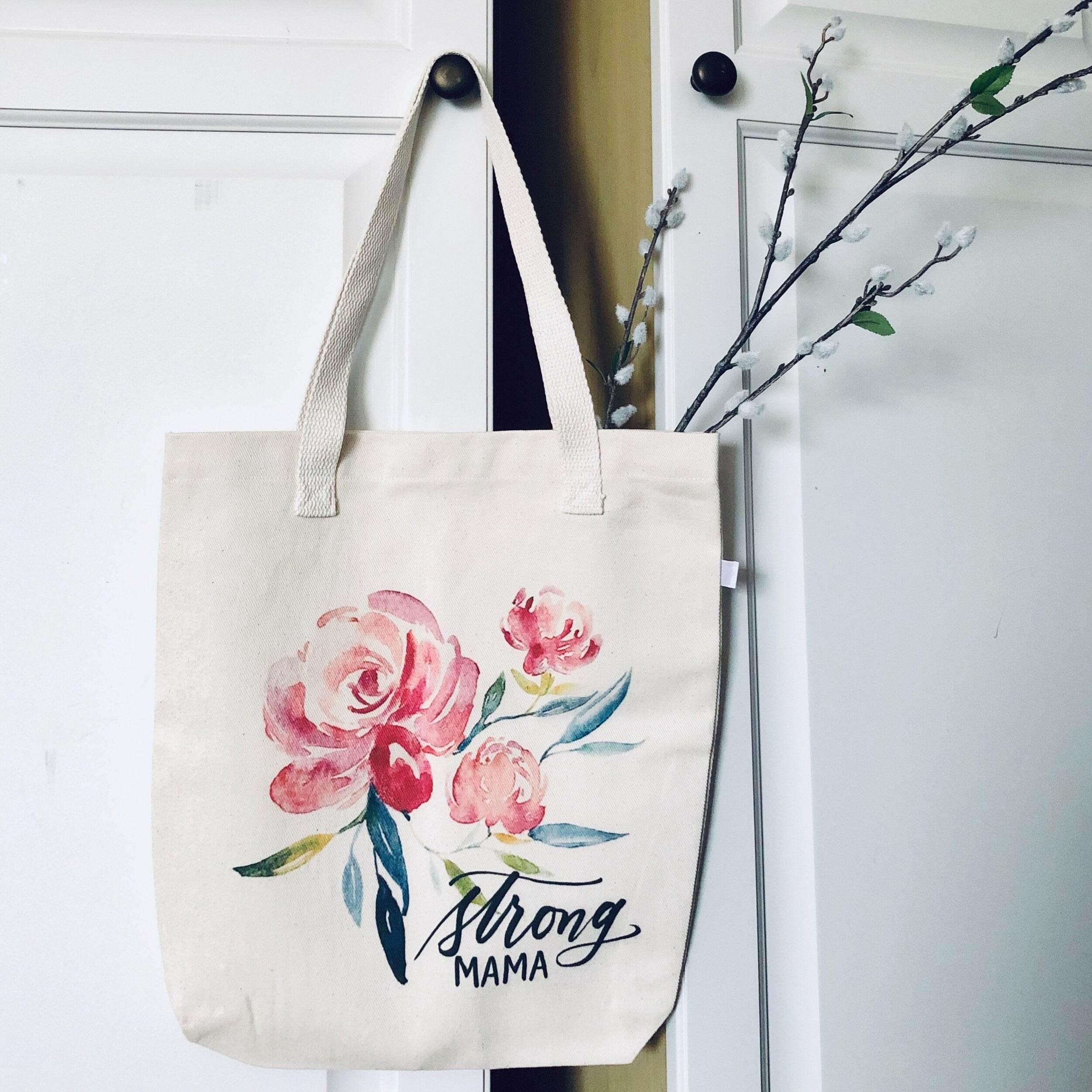 Watercolor Strong Mama Rose - Cotton Tote Bag - Dear Daughters Design