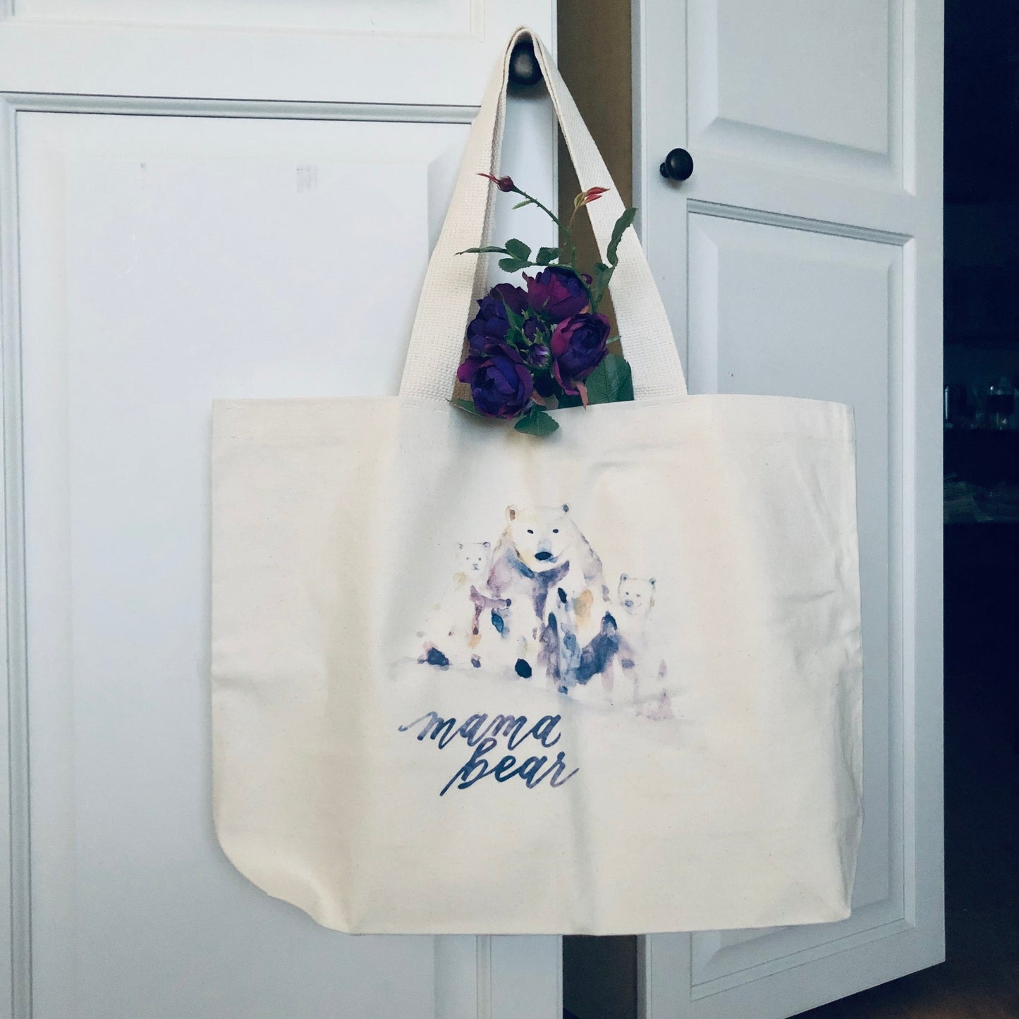 Watercolor Mama Bear & Cubs - Large Cotton Tote Bag - Wide Tote