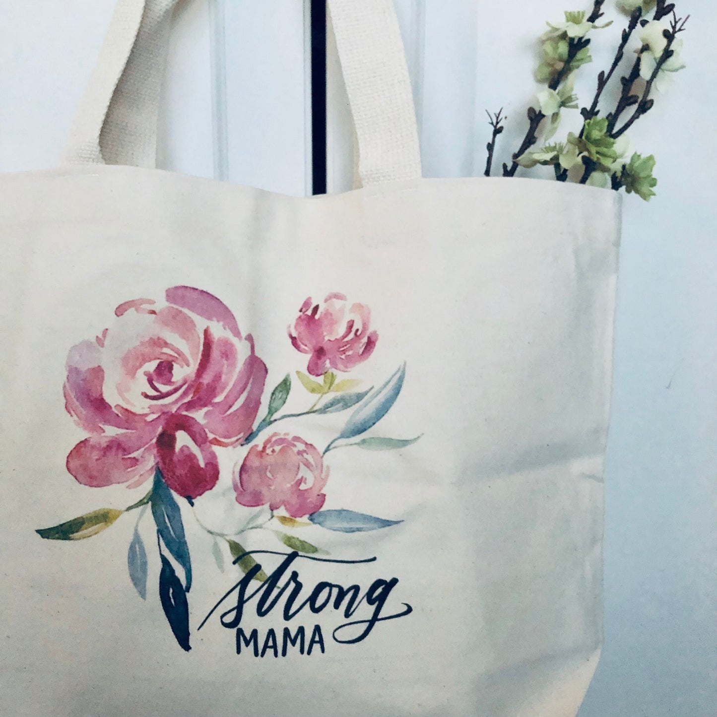 Watercolor Rose - Strong Mama Calligraphy  - Large Cotton Tote Bag - Wide Tote