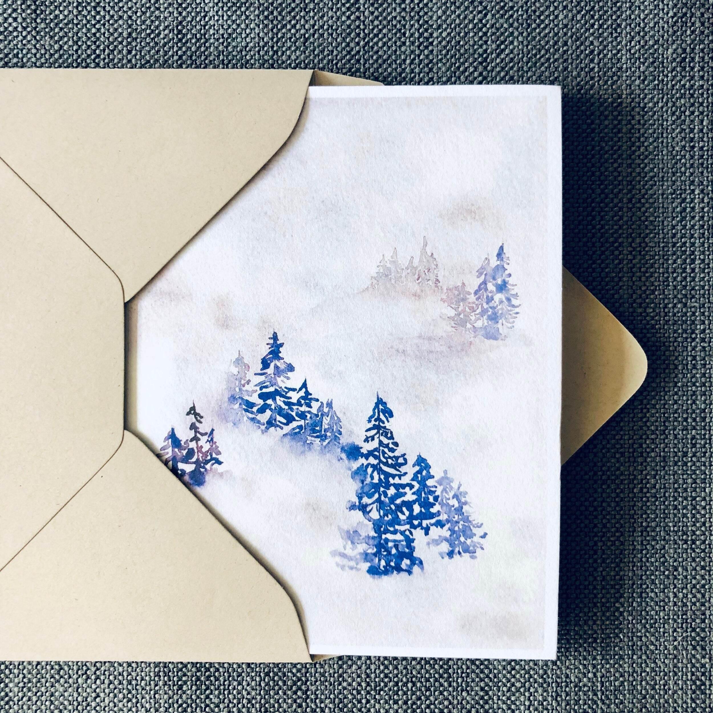 Blue Watercolor Snowy Mountains Winter Holiday Card - Dear Daughters Design